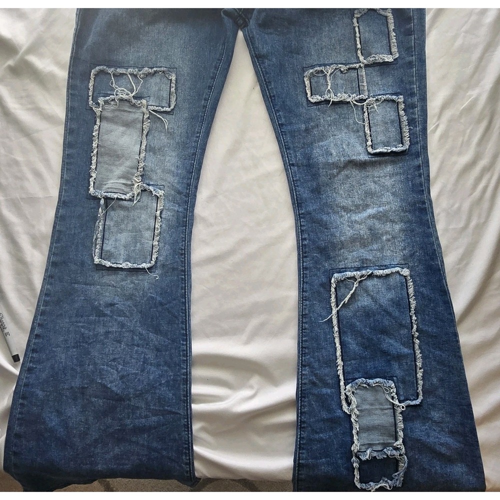 Women's Patch Flare Dark Wash Jeans Size‎ L/32 High Rise - Picture 4 of 5
